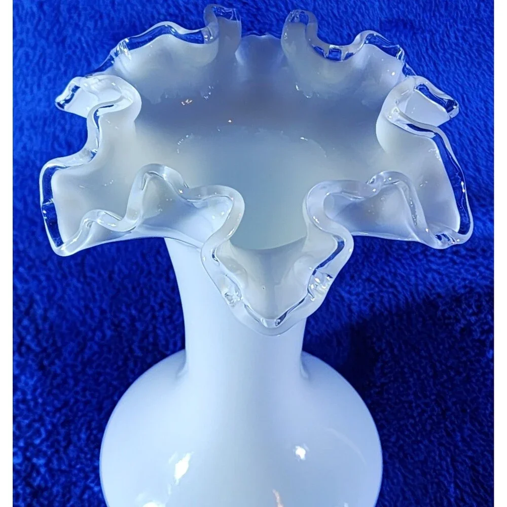 Vintage Fenton-Style Silver Crest Milk Glass Vase w/Clear Double Crimped Lip